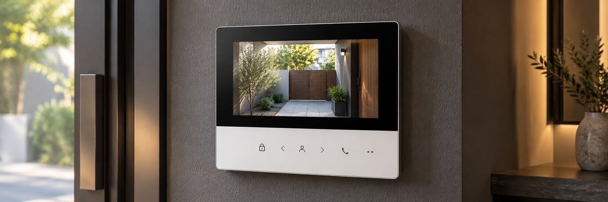 Indoor video intercom monitor showing a front entrance