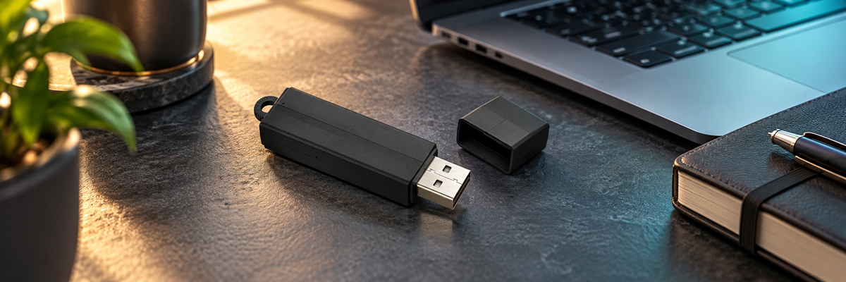 USB voice recorder with its cap on a desk beside a laptop and notebook