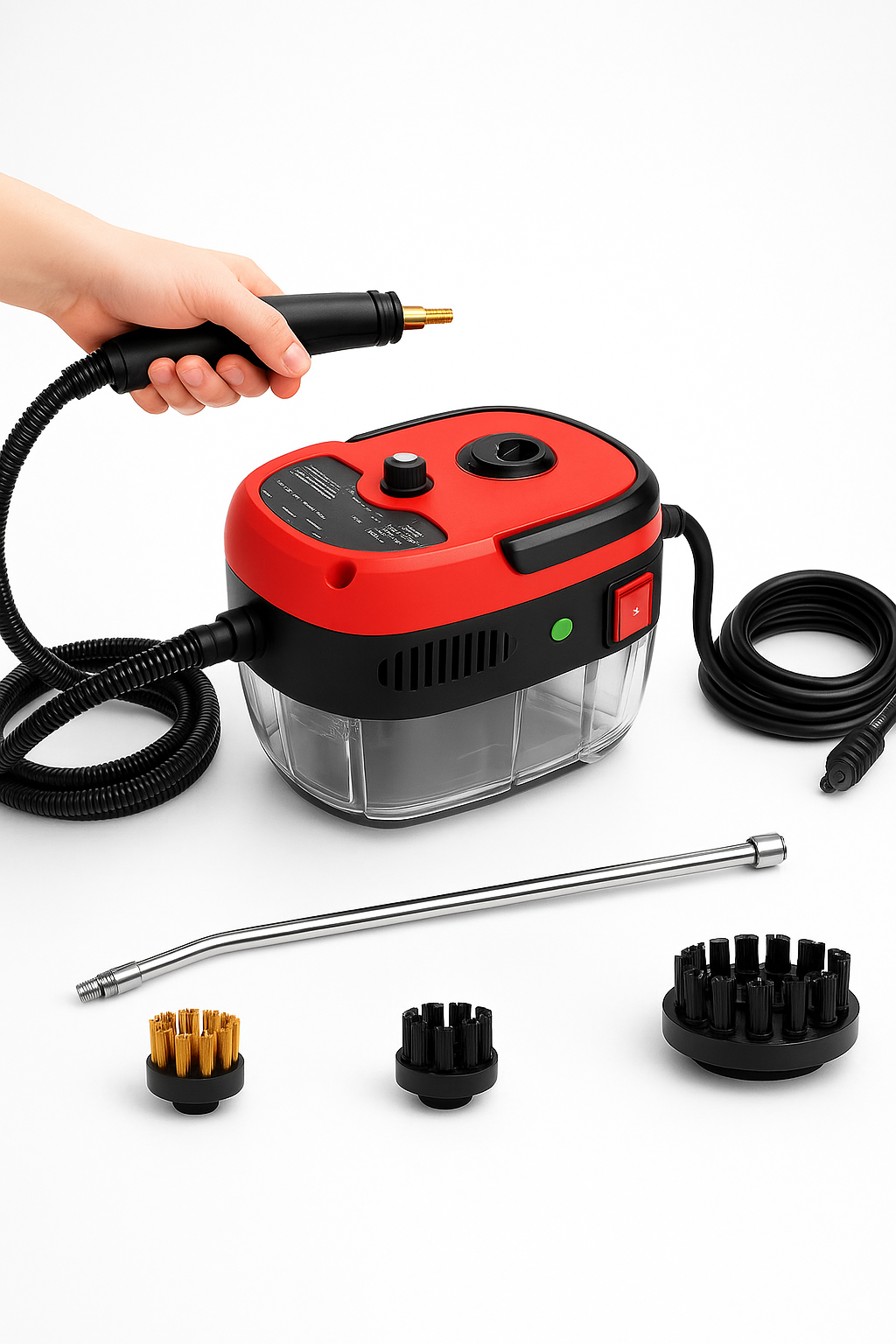 Small Portable High-Pressure Steam Cleaner with Brush Heads and Extended Hose