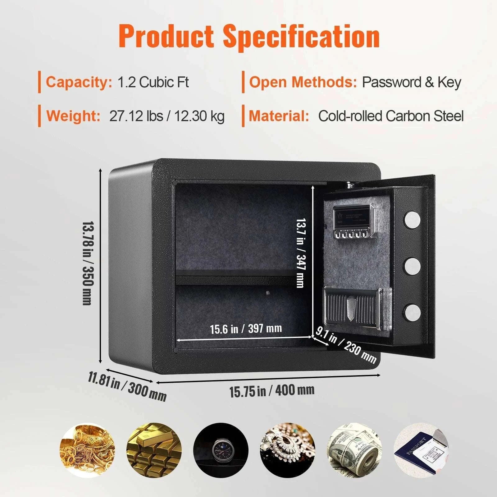 1.2 Cubic Feet Digital Safe Box with Key & Alarm Security-1.2 Cubbic Fit / United States