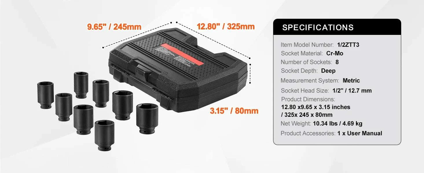 1/2" Drive Axle Nut Impact Socket Set 8-Piece Metric 12-Point-12Point 8Piece / spain