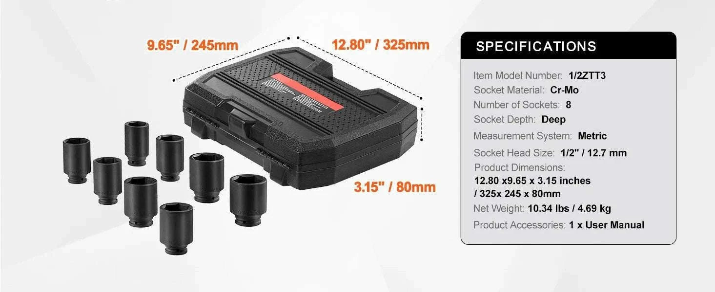 1/2" Drive Axle Nut Impact Socket Set 8-Piece Metric 12-Point-12Point 8Piece / spain