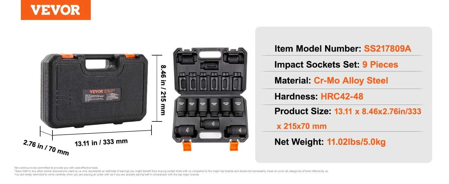 1/2" Drive Deep Impact Socket Set Metric 9-Piece Cr-Mo Steel-9pcs / United States