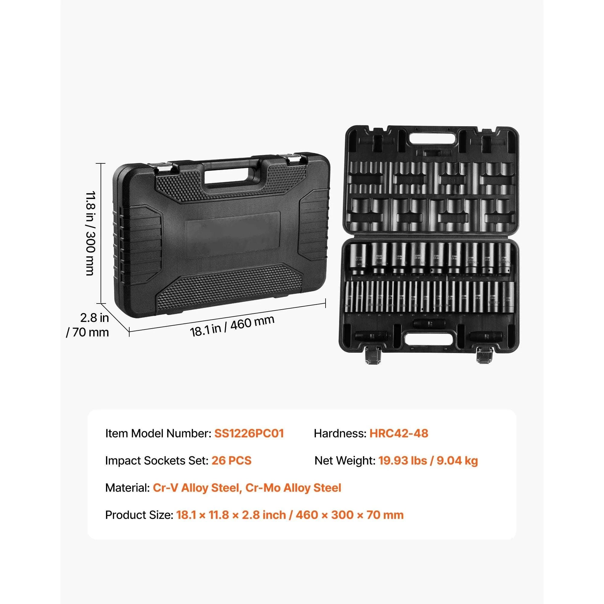 1/2" Drive Impact Socket Set 26 or 65 Piece SAE & Metric-65PCs / United States