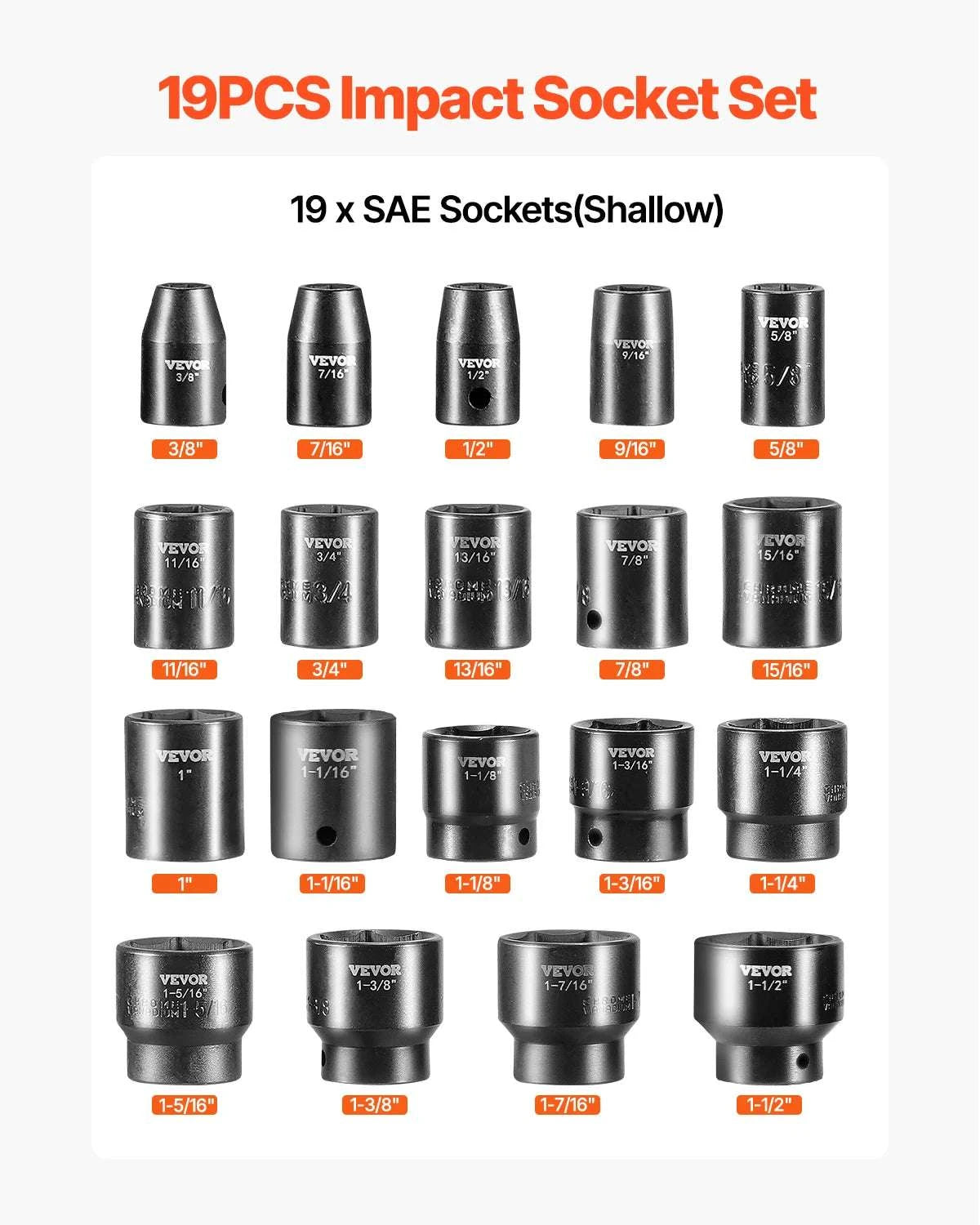 1/2 Inch Drive Impact Socket Set 19-Piece 6-Point Heavy Duty Kit-United States