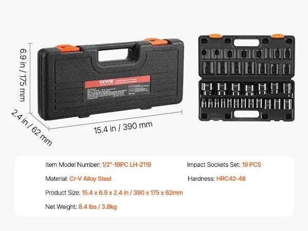 1/2 Inch Drive Impact Socket Set 19-Piece 6-Point Heavy Duty Kit-United States