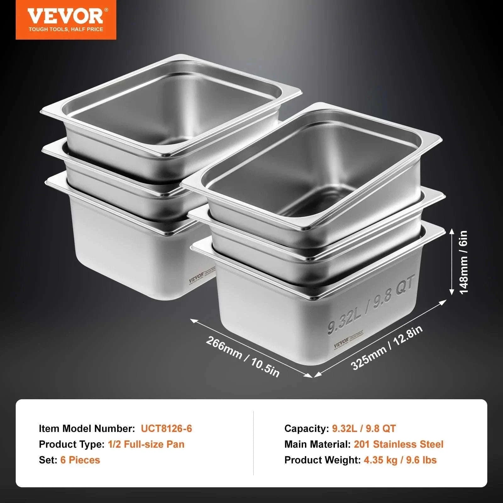 1/2 Size 6-Inch Deep Steam Table Pan Set with Lids, 6 Pack-6pcs 9.8QT / spain
