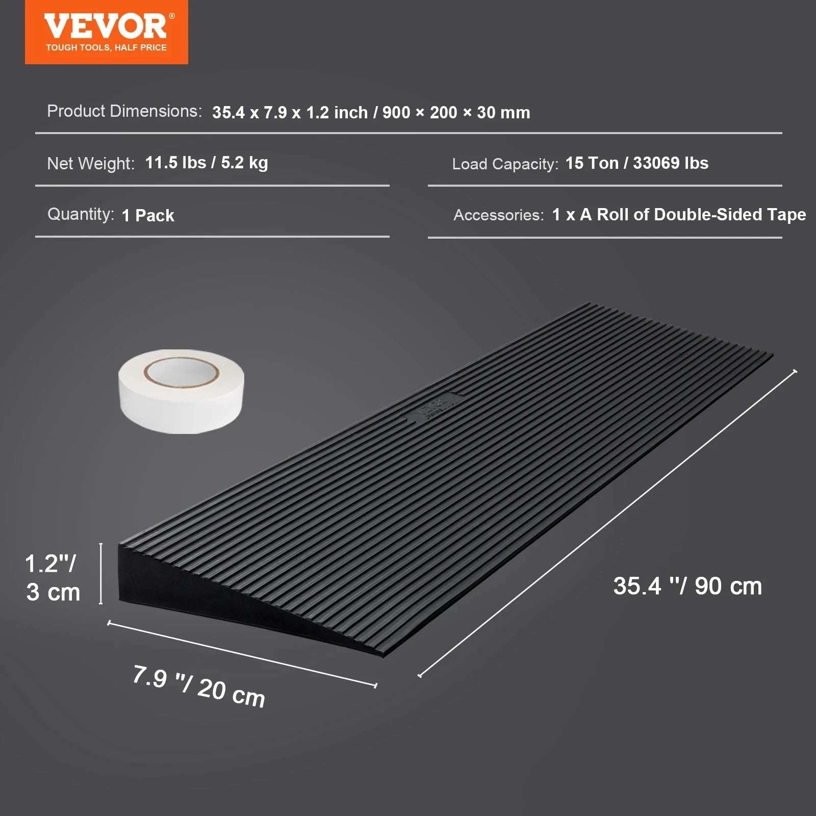 1.2" Threshold Ramp Rubber Wheelchair Ramp Cuttable Heavy Duty-35.4x7.9x1.2in / United States