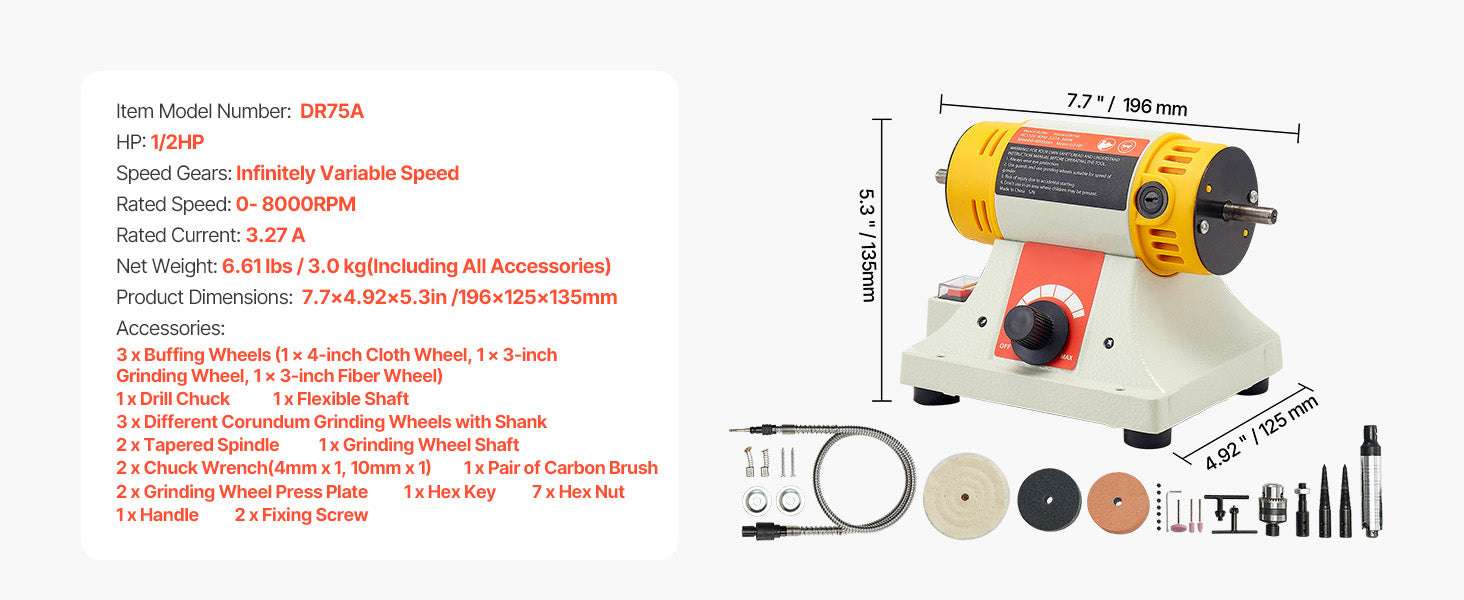 1/2HP Bench Buffer Polisher with Variable Speed 0–8000RPM Kit-4inch 110V / United States
