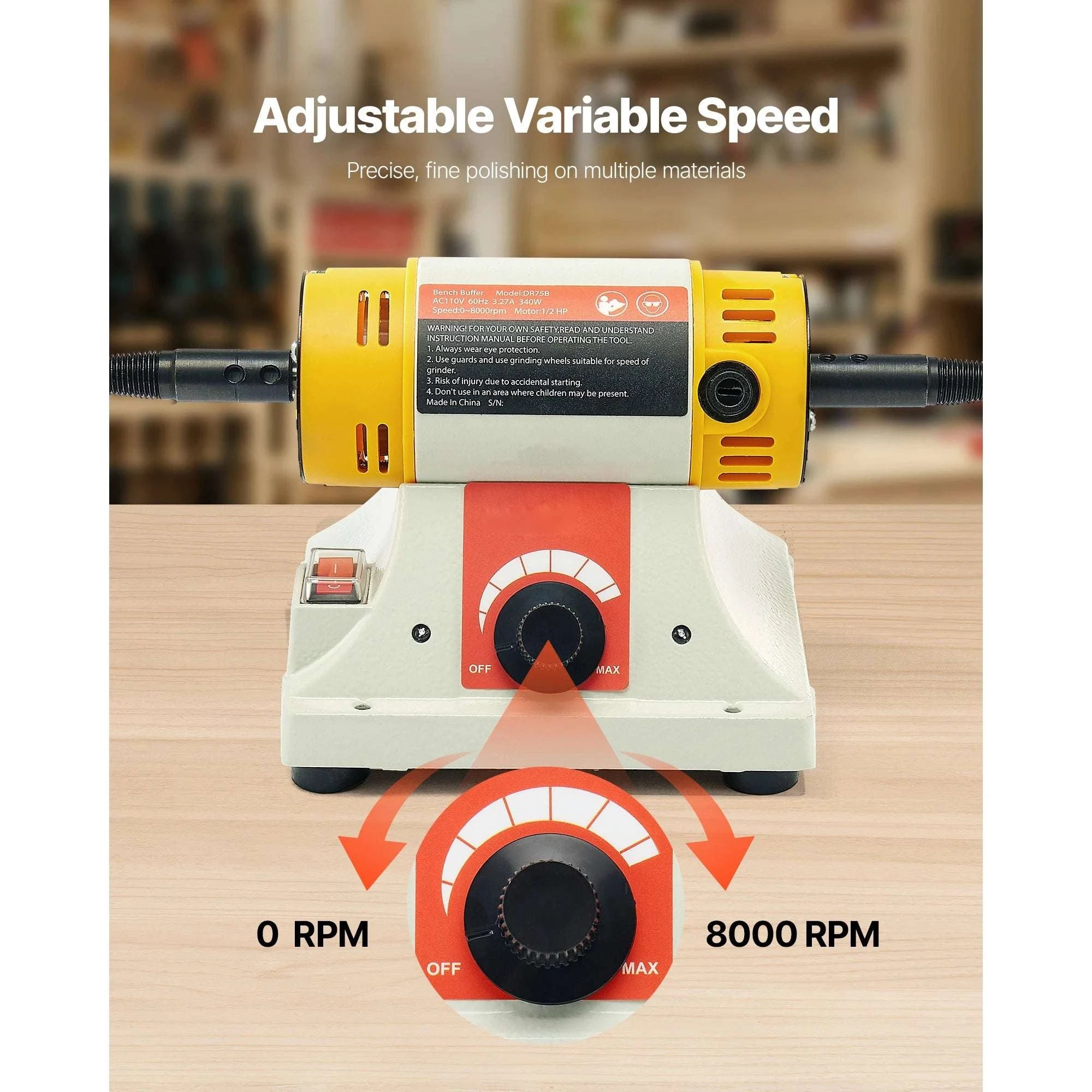 1/2HP Bench Buffer Polisher with Variable Speed 0–8000RPM Kit-4inch 110V / United States