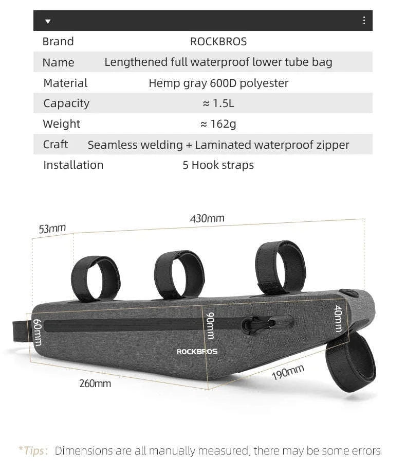 1.5L Waterproof Bike Frame Bag with 43cm Length-AS-052