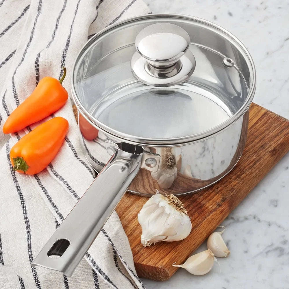 1 Qt Stainless Steel Saucepan with Straining Lid & Glass Cover-United States