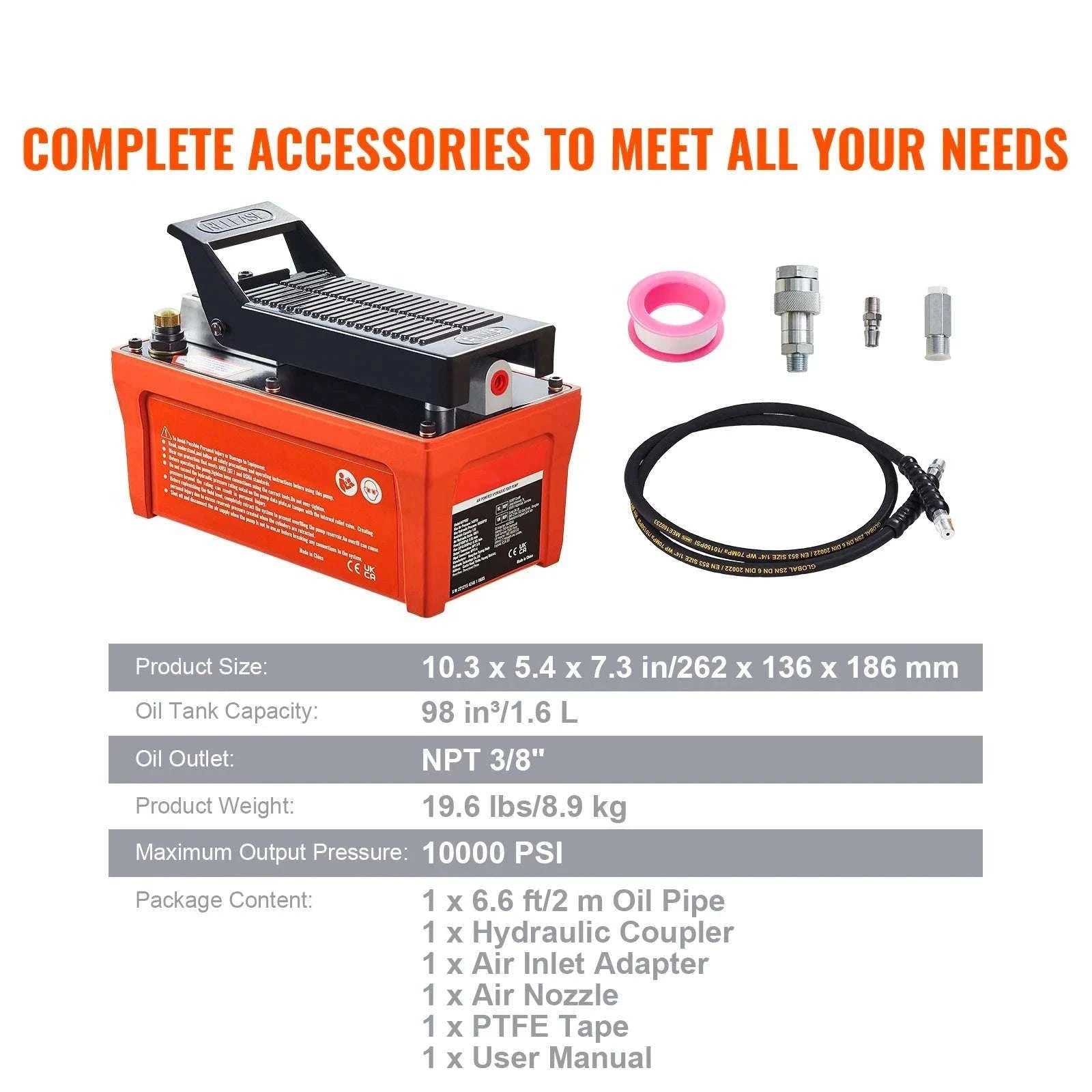 10,000 PSI Air Hydraulic Foot Pump with 1.6L Reservoir-Orange / EU / france