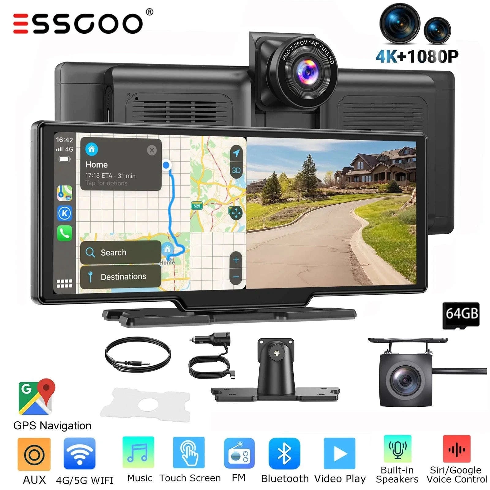 10.26" 4K Dash Cam Car Stereo with Wireless CarPlay-1026SCP Carplay / United States