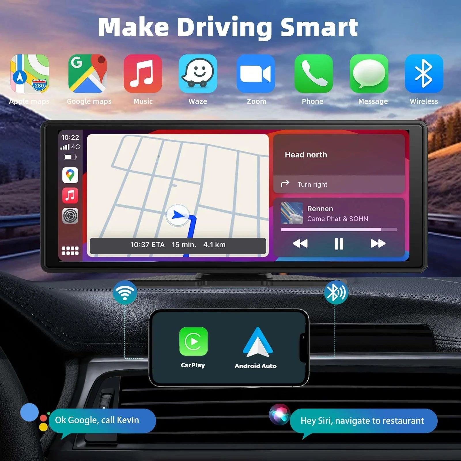 10.26" Wireless CarPlay & Android Auto Touchscreen with Backup Cam-10 with rear cam / United States