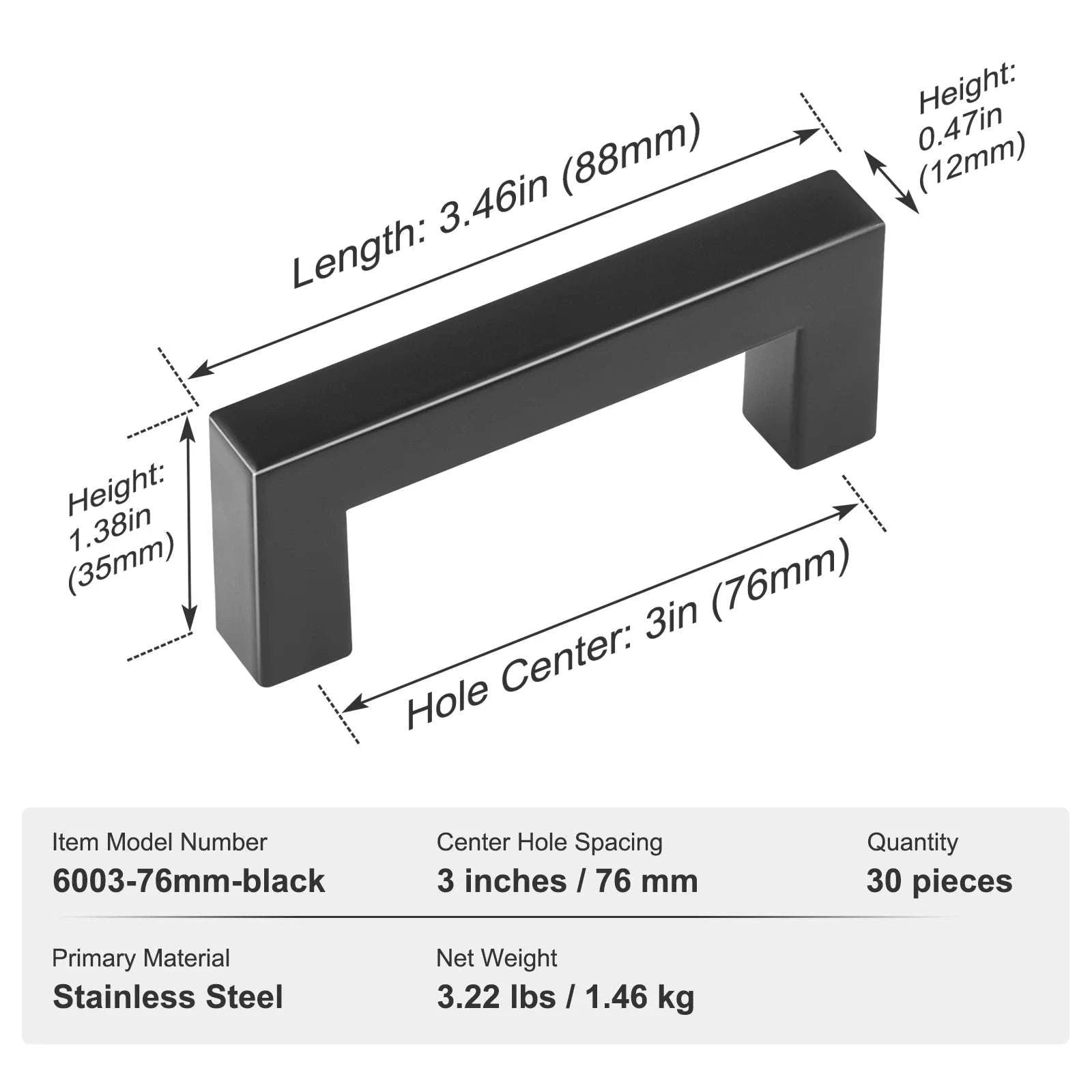 10/30 Pack Stainless Steel Cabinet Pulls Matte Black-10pcs 96mm Quadrate / United States