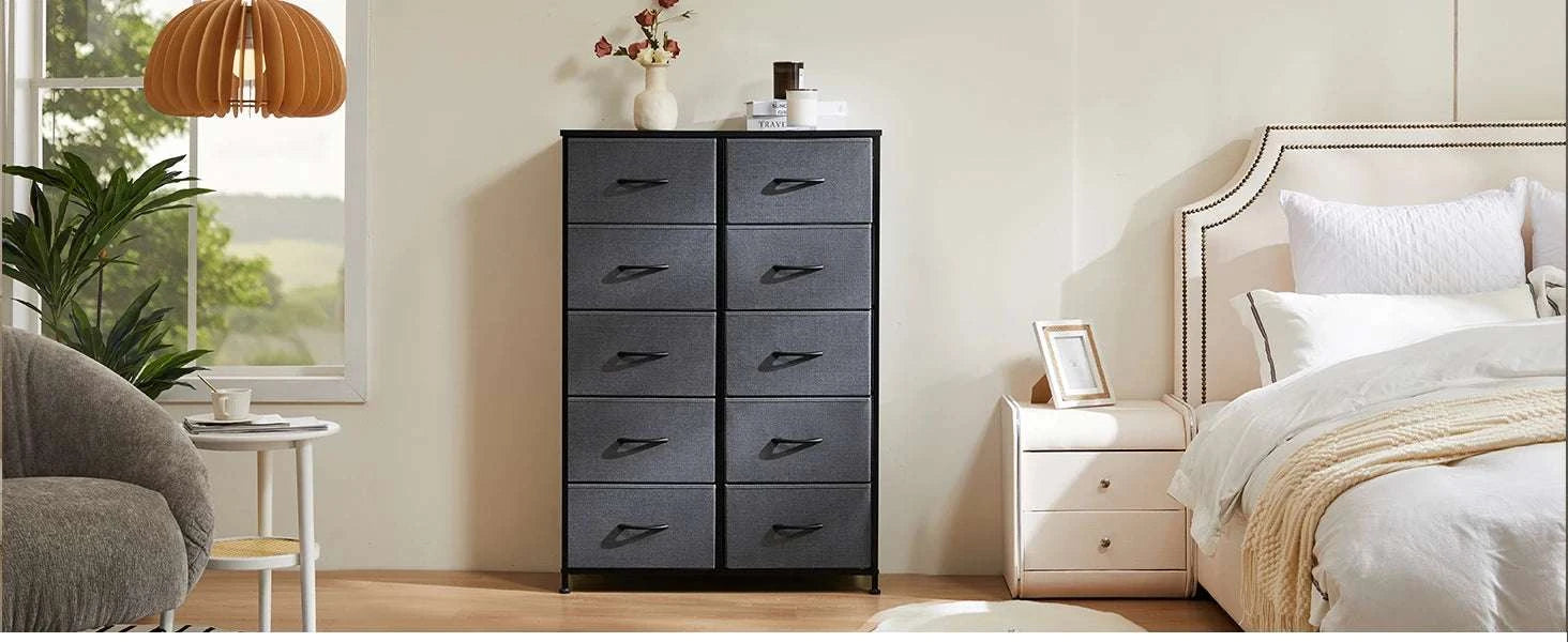 10 Drawer Fabric Dresser Nightstand with Steel Frame Storage-GRAY / United States