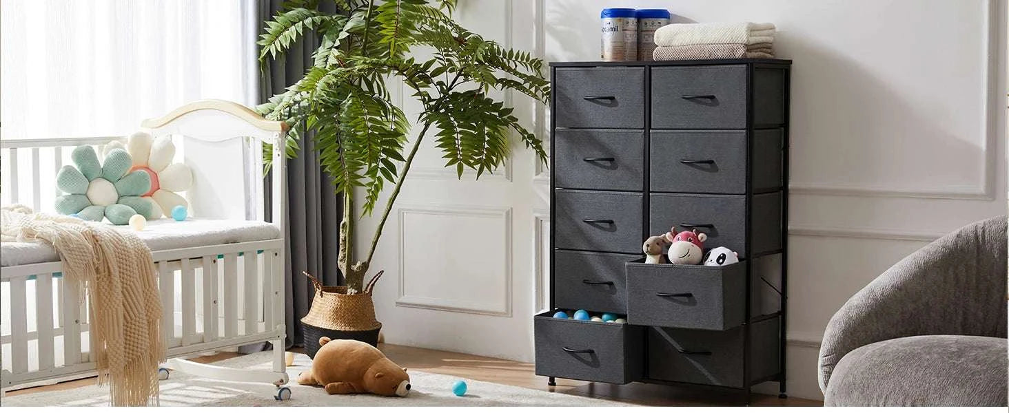 10 Drawer Fabric Dresser Nightstand with Steel Frame Storage-GRAY / United States