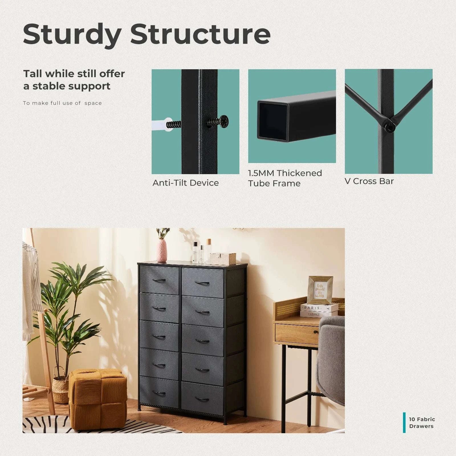 10 Drawer Fabric Dresser Nightstand with Steel Frame Storage-GRAY / United States