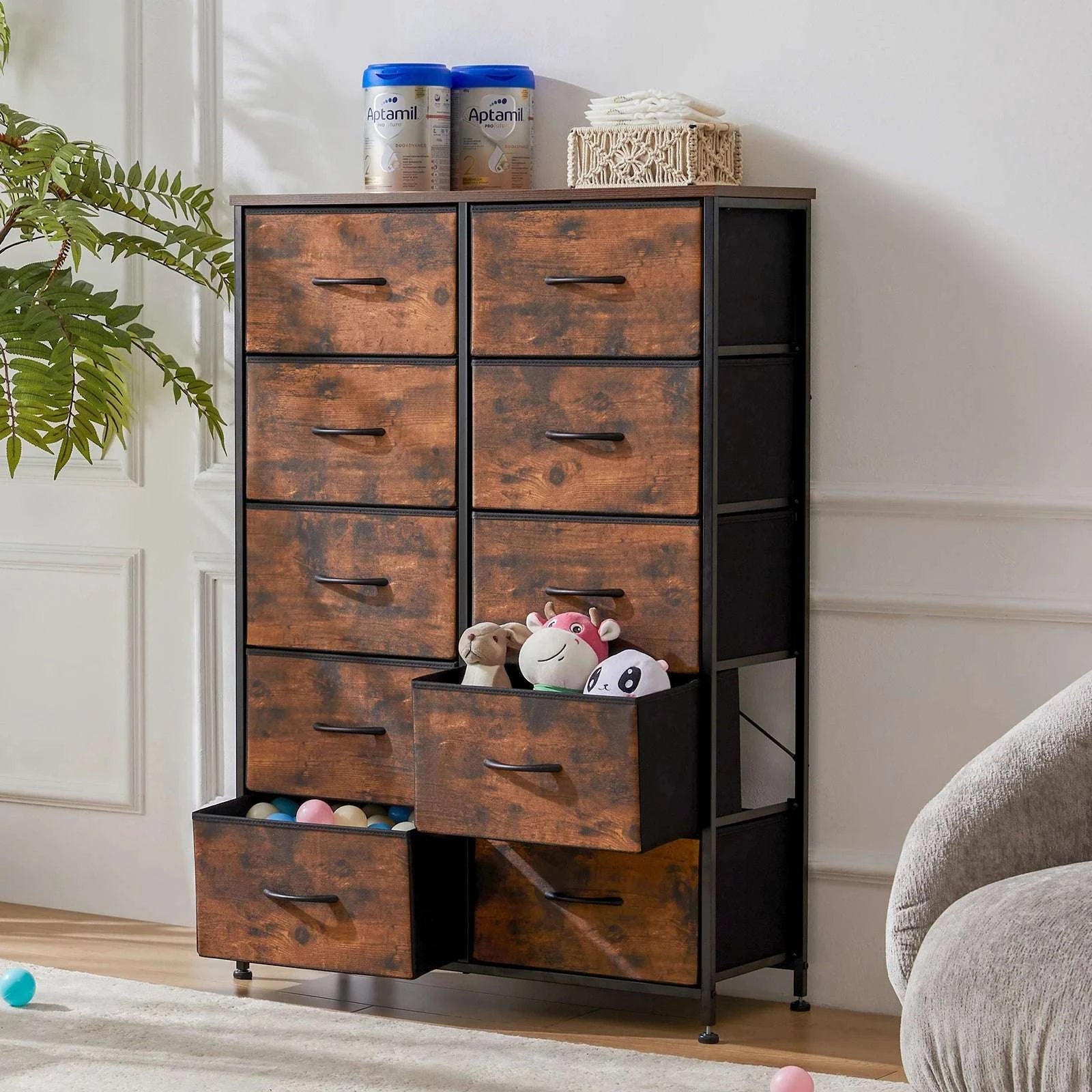 10-Drawer Fabric Dresser with Steel Frame Storage Organizer-Light Grey / United States