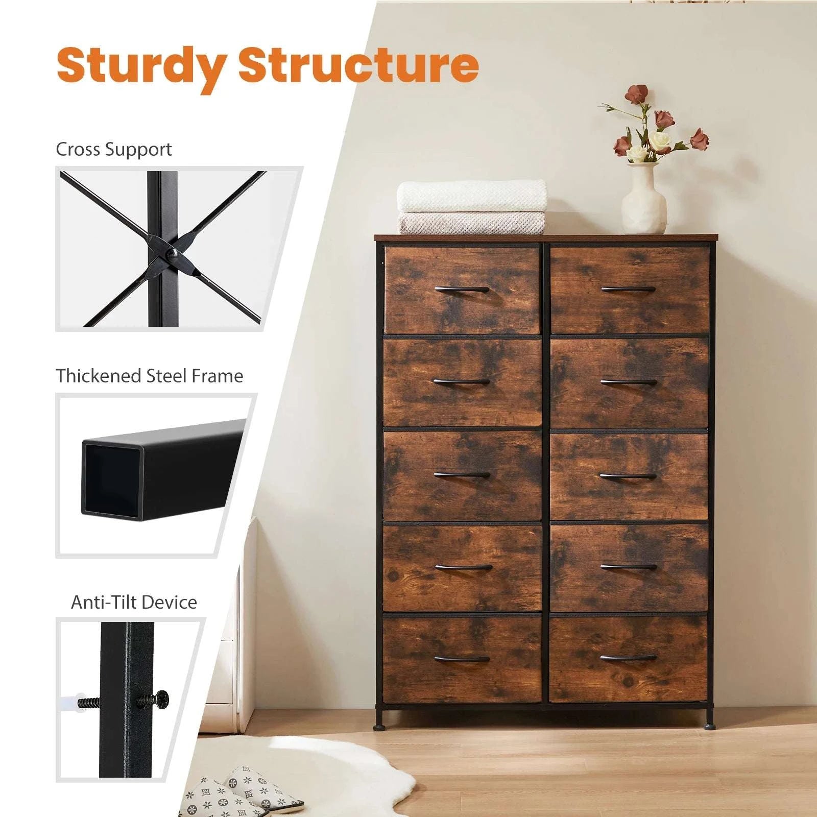 10-Drawer Fabric Dresser with Steel Frame Storage Organizer-Light Grey / United States