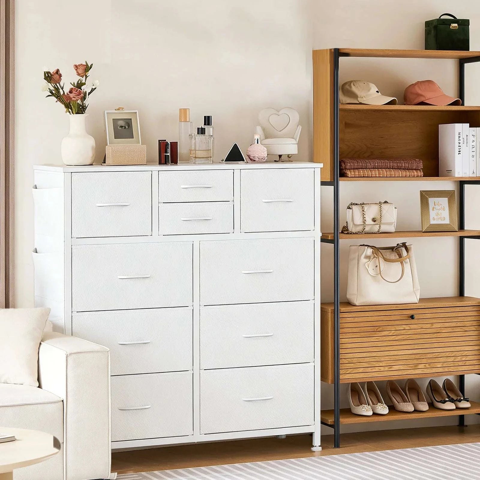 10-Drawer Fabric Storage Organizer Cabinet with Metal Frame-Rust / United States