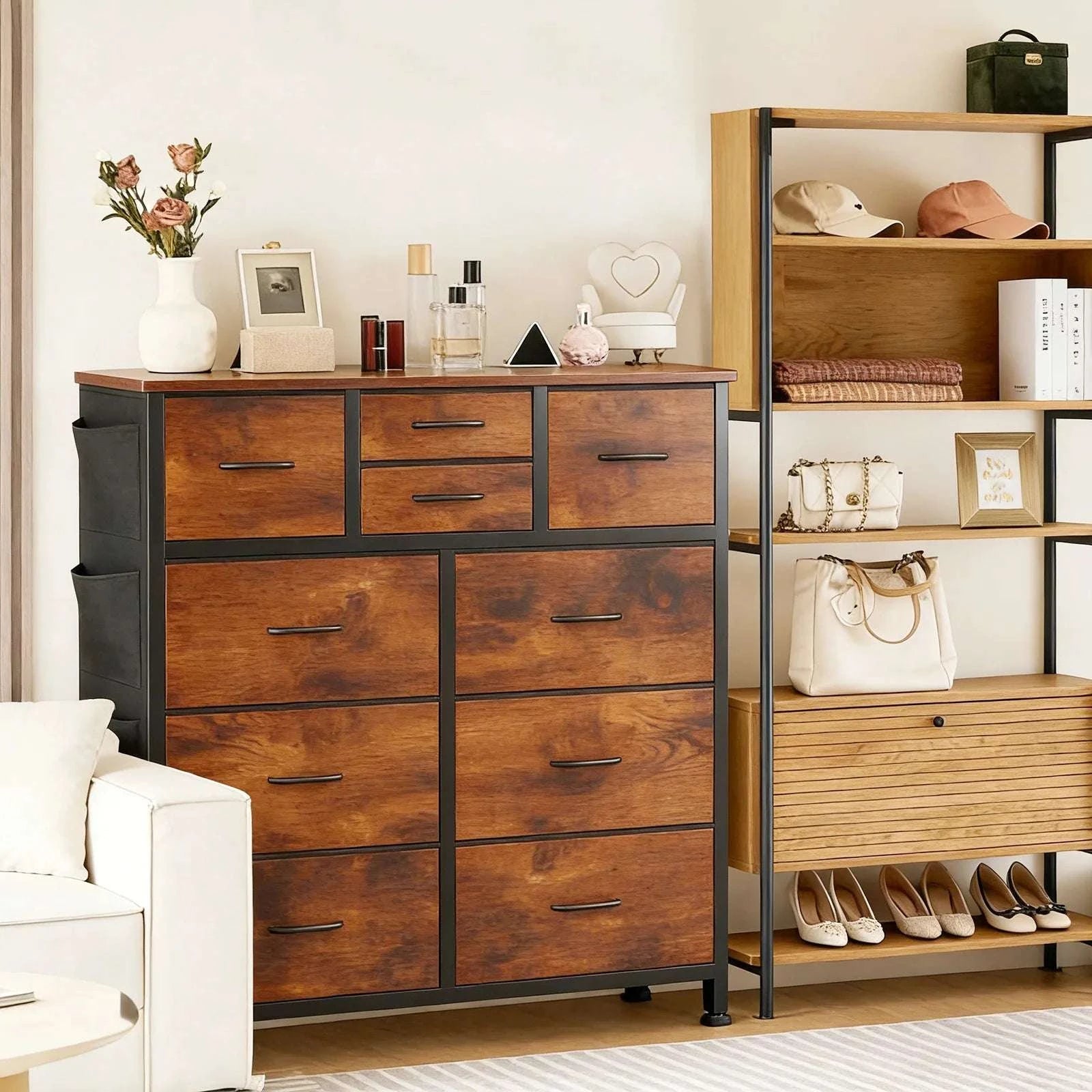10-Drawer Fabric Storage Organizer Cabinet with Metal Frame-Rust / United States