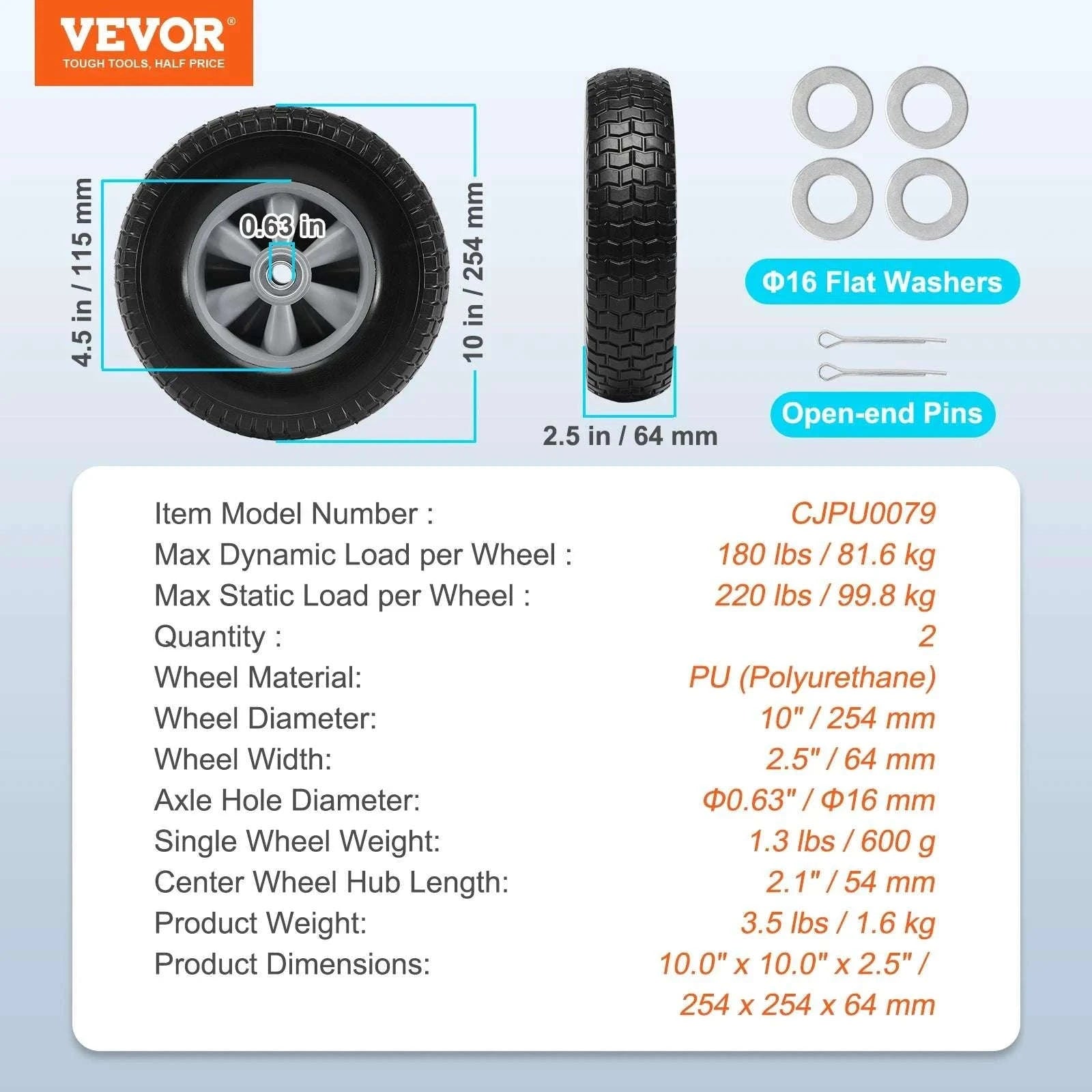 10" Flat-Free PU Tire Wheels (2-Pack) for Carts, Dollies & Trailers-400 lbs / United States