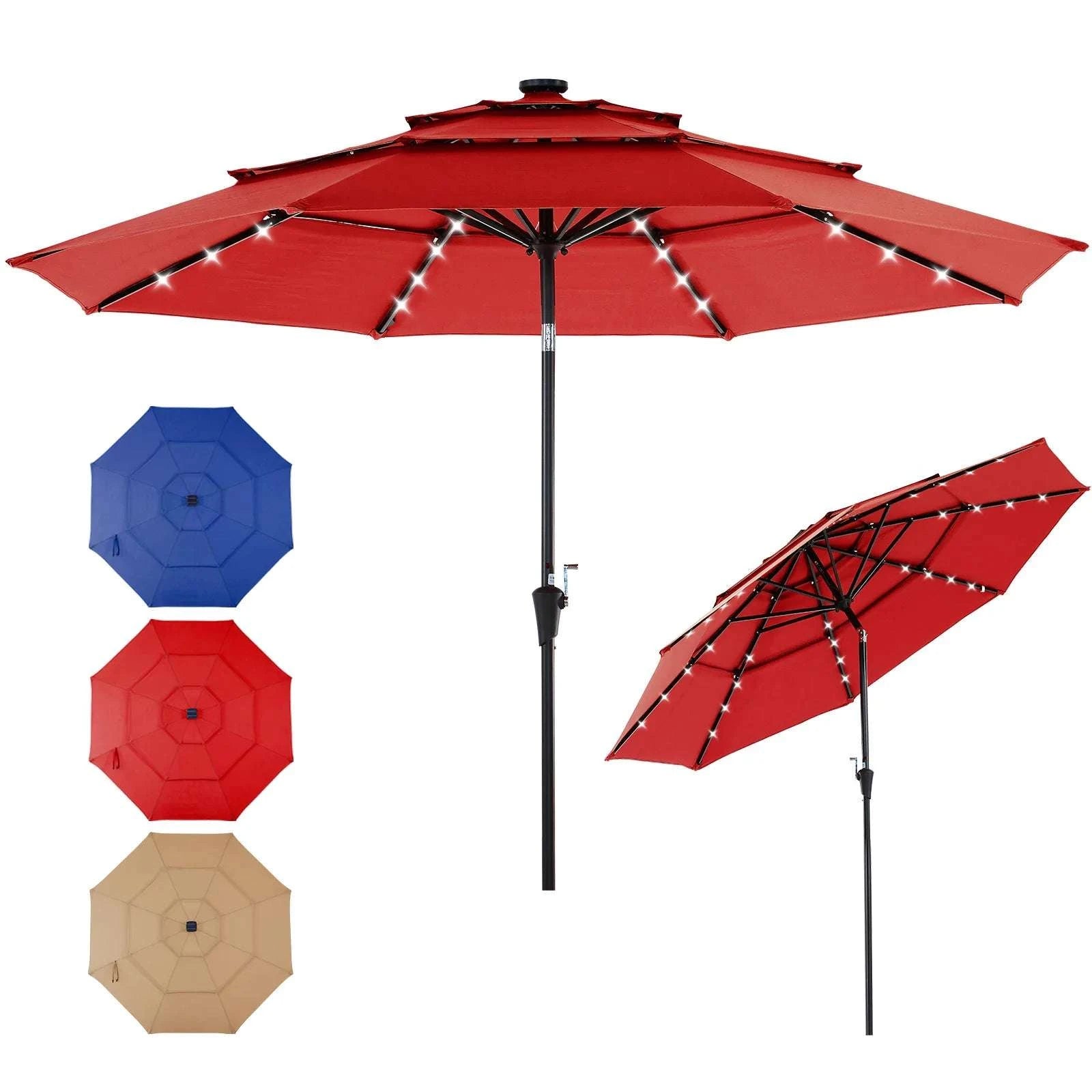 10 FT Solar LED Patio Umbrella with Tilt & Crank Shade-Red / United States