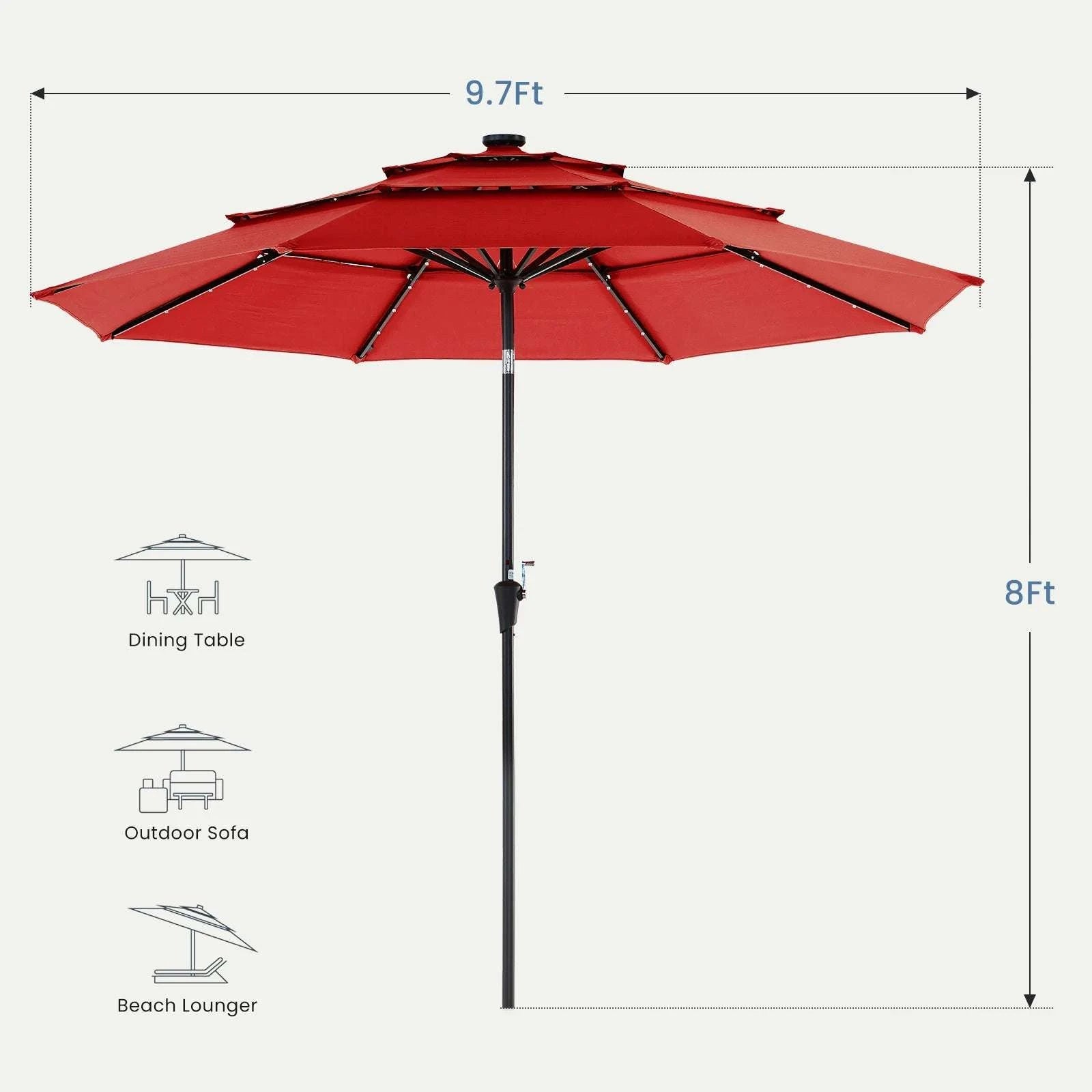 10 FT Solar LED Patio Umbrella with Tilt & Crank Shade-Red / United States