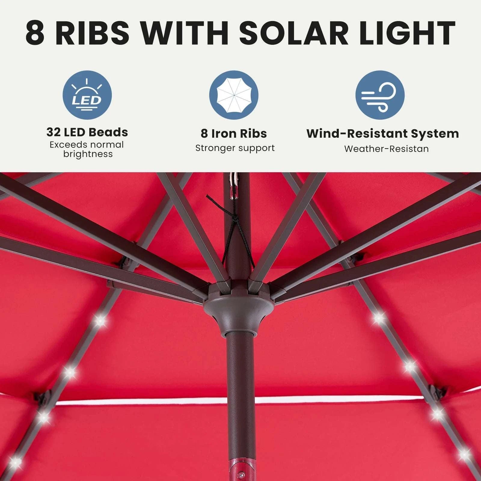 10 FT Solar LED Patio Umbrella with Tilt & Crank Shade-Red / United States