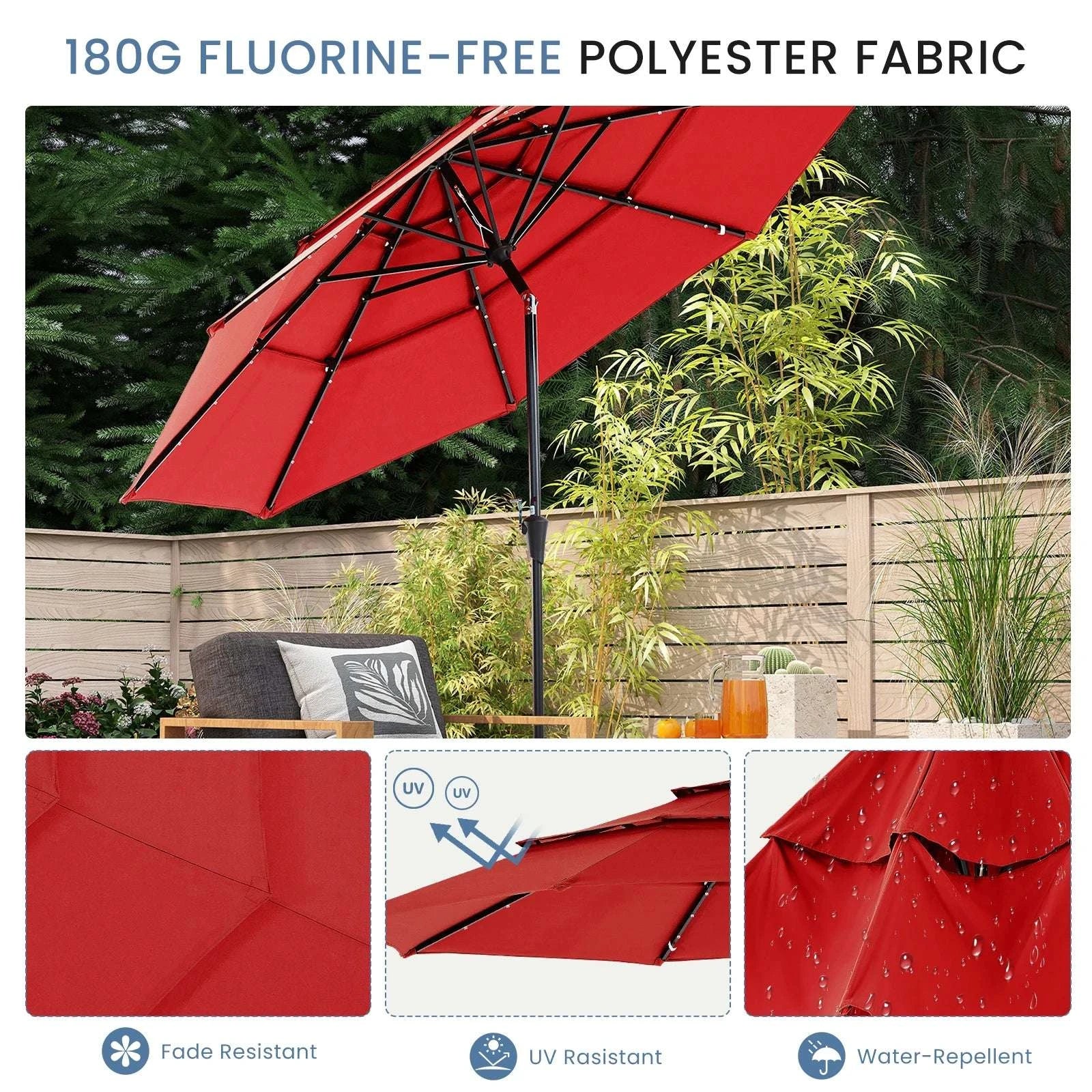 10 FT Solar LED Patio Umbrella with Tilt & Crank Shade-Red / United States