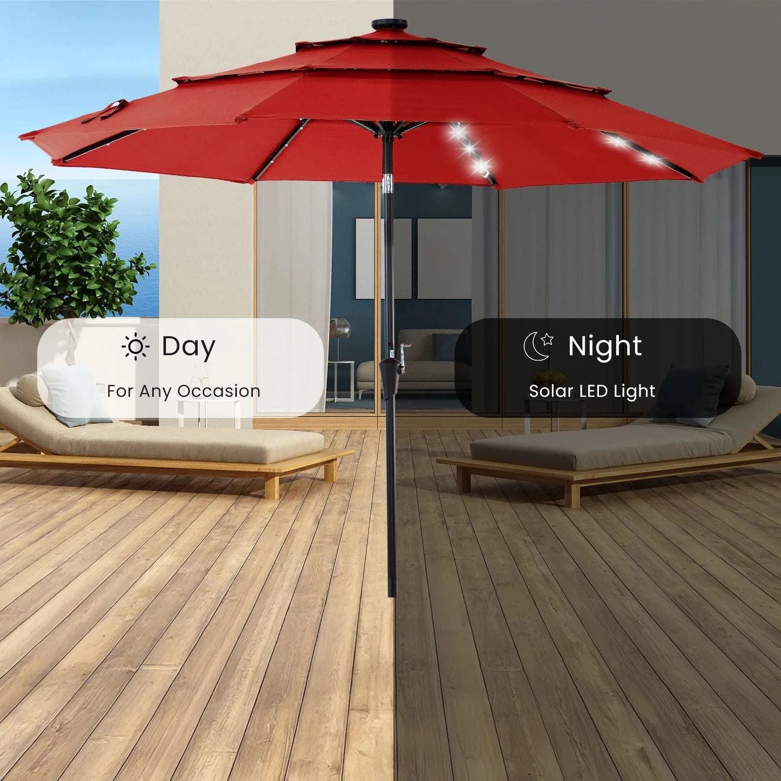 10 FT Solar LED Patio Umbrella with Tilt & Crank Shade-Red / United States