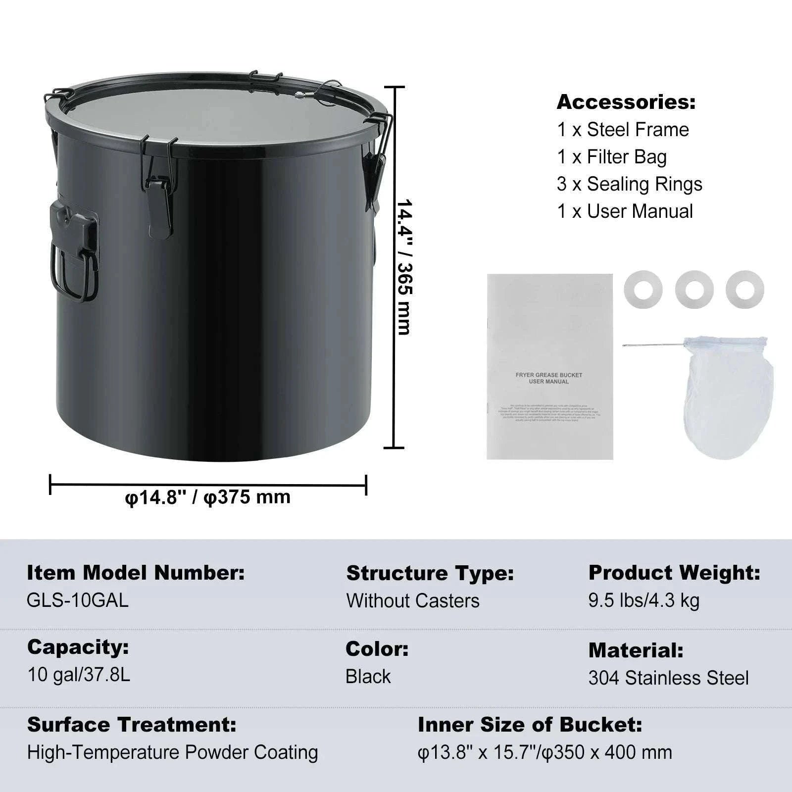 10 Gallon Fryer Grease Bucket with Filter Bag and Locking Lid-carbon steel / United States