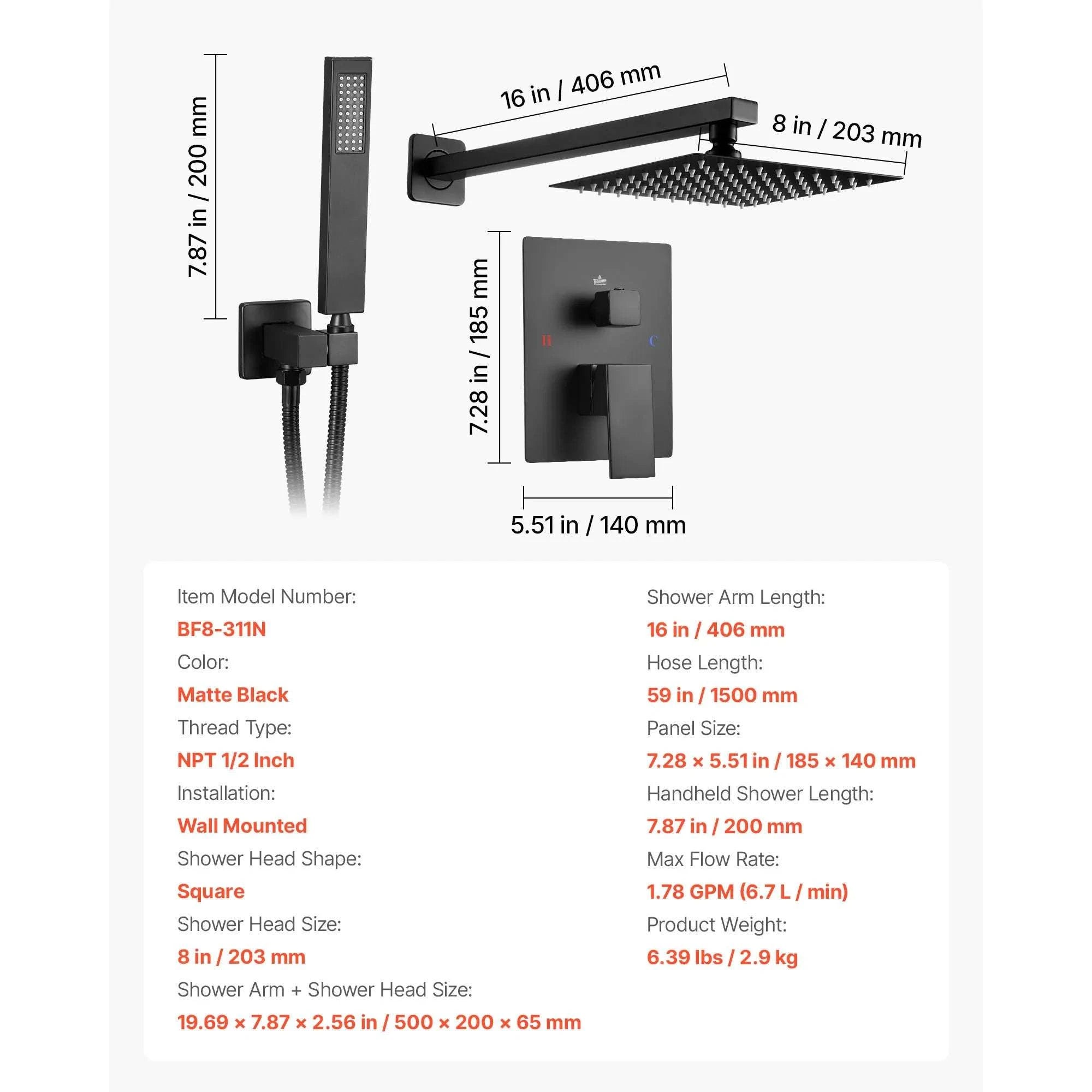 10-Inch Rainfall Shower System with Handheld Spray & Brass Valve-Matte Black 12Inch / United States