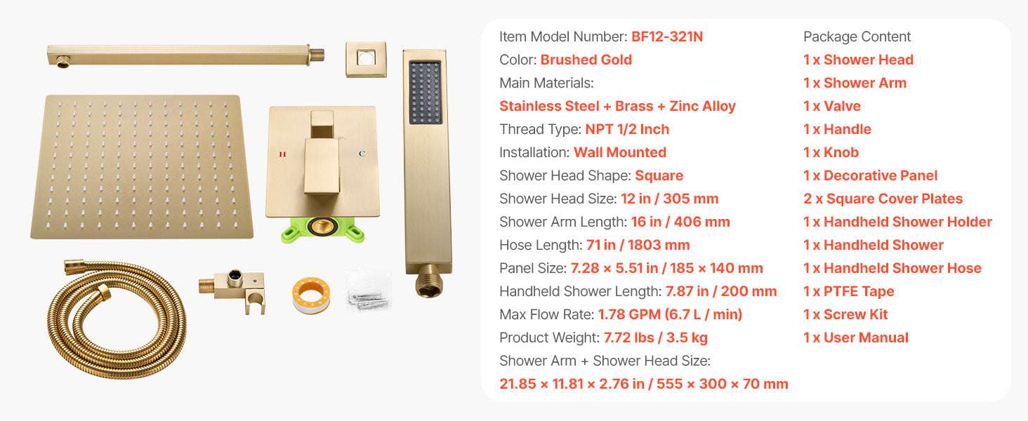 10-Inch Rainfall Shower System with Handheld Spray & Brass Valve-Matte Black 12Inch / United States