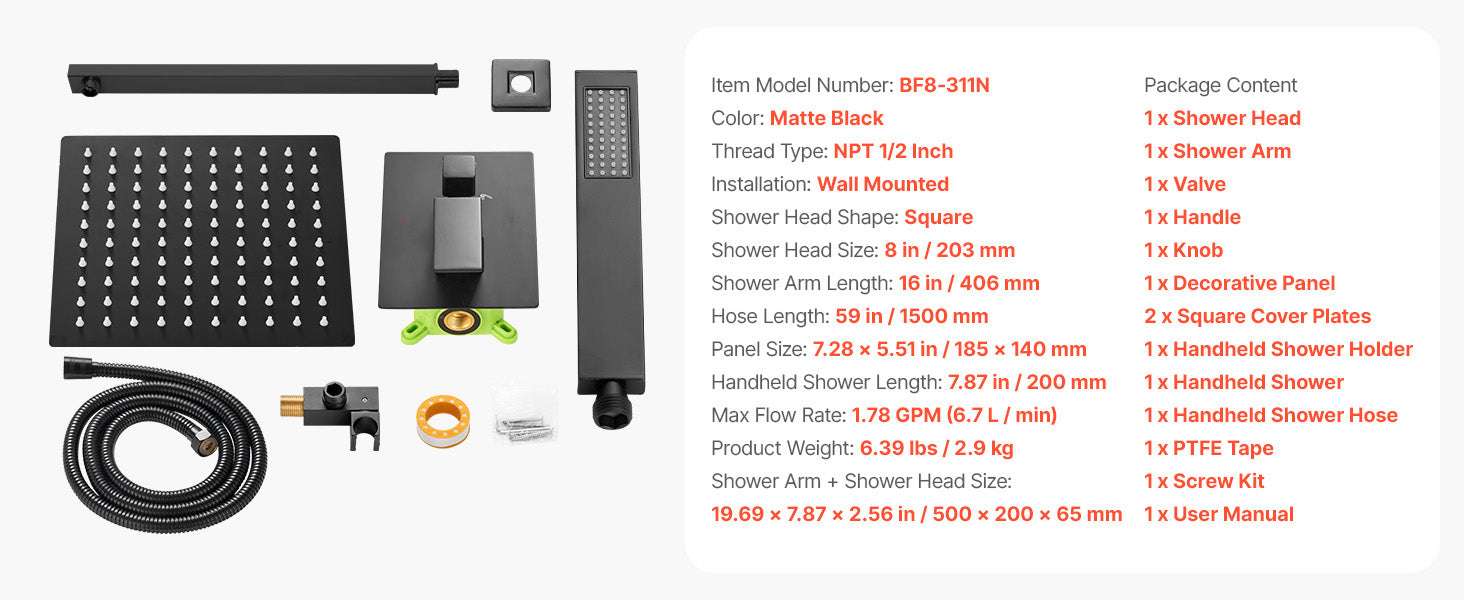 10-Inch Rainfall Shower System with Handheld Spray & Brass Valve-Matte Black 12Inch / United States