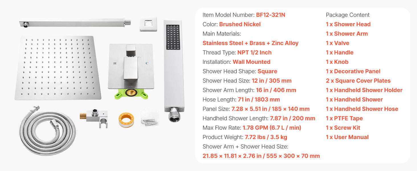 10-Inch Rainfall Shower System with Handheld Spray & Brass Valve-Matte Black 12Inch / United States