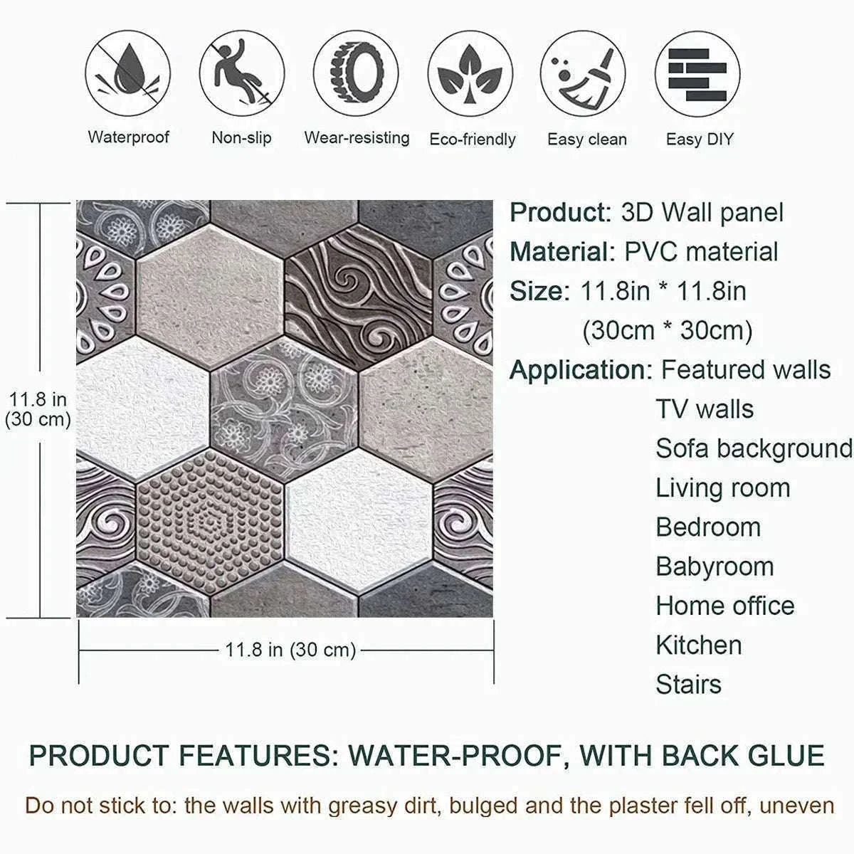 10 Pack 3D Self-Adhesive PVC Wall Panels for Easy Room Refresh-Wall Stickers 524 / 30cmX30cmX10pcs