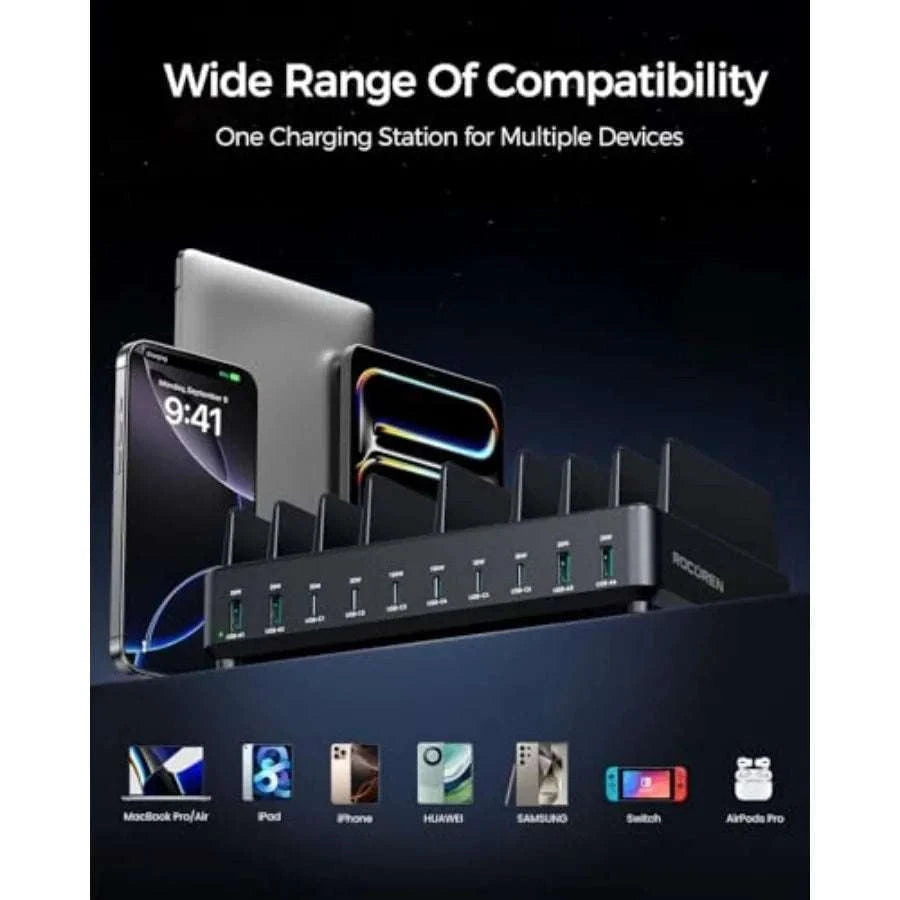 10 Port USB Charging Station with Dual 100W Type-C and Organizer-United States / Black