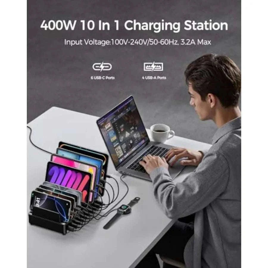 10 Port USB Charging Station with Dual 100W Type-C and Organizer-United States / Black