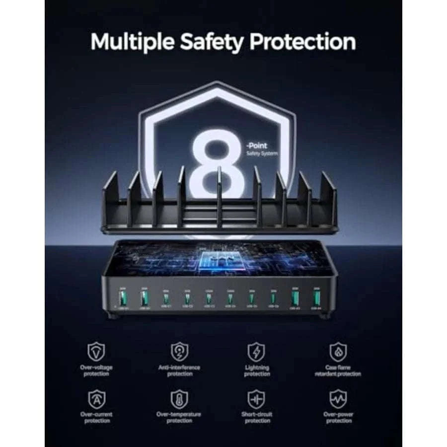 10 Port USB Charging Station with Dual 100W Type-C and Organizer-United States / Black