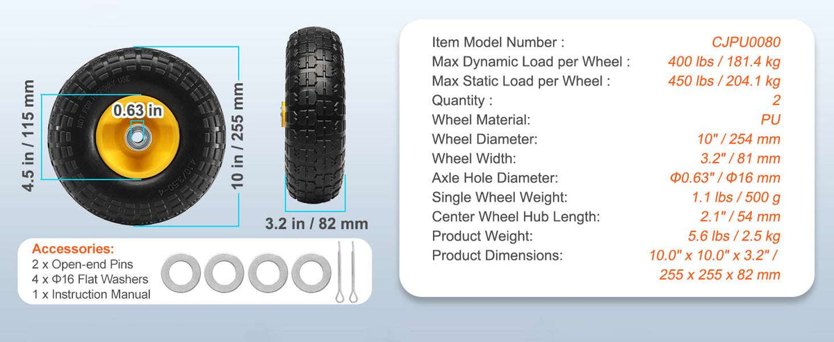 10" Solid PU Run-Flat Tire Wheels (2-Pack) for Carts & Dollies-400 lbs / United States