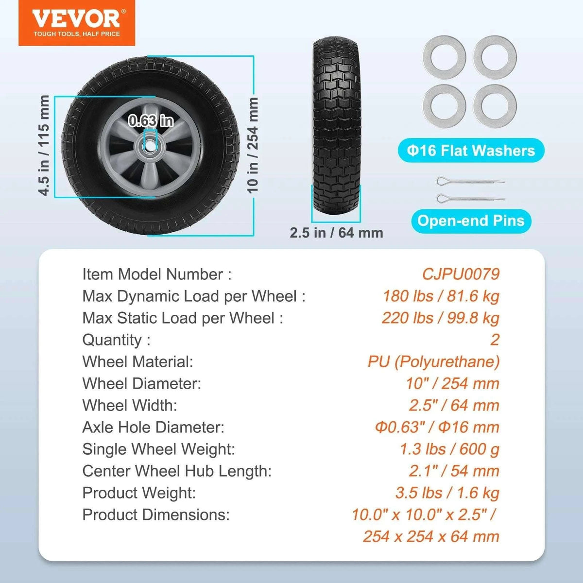 10" Solid PU Run-Flat Tire Wheels (2-Pack) for Carts & Dollies-400 lbs / United States