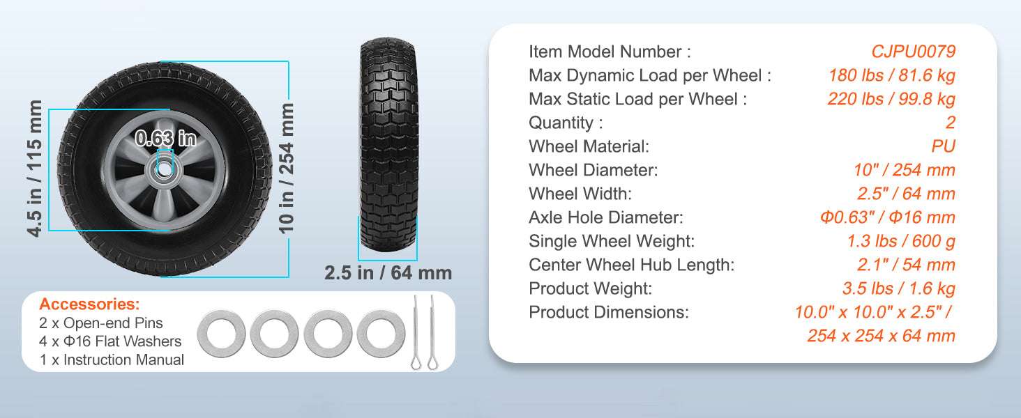 10" Solid PU Run-Flat Tire Wheels (2-Pack) for Carts & Dollies-400 lbs / United States