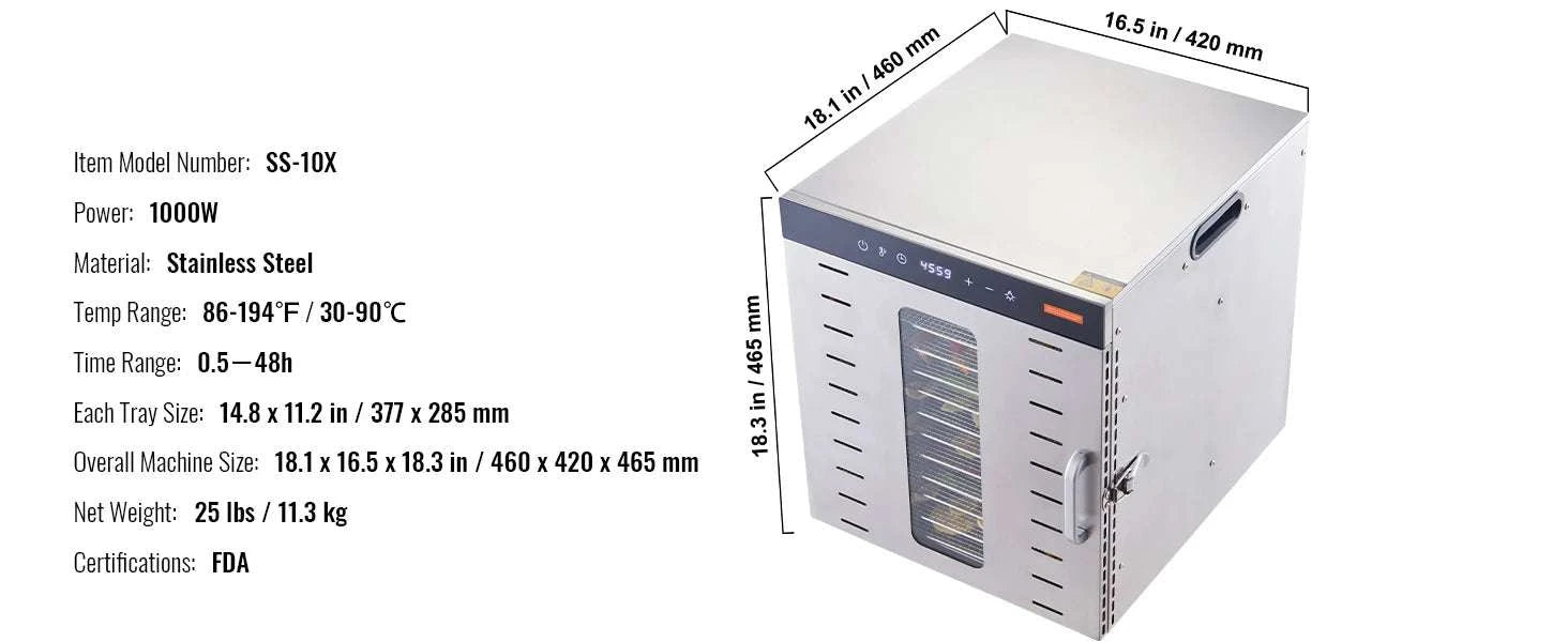 10-Tray Food Dehydrator Stainless Steel with Timer & Temperature Control-10 Trays 1000W / france
