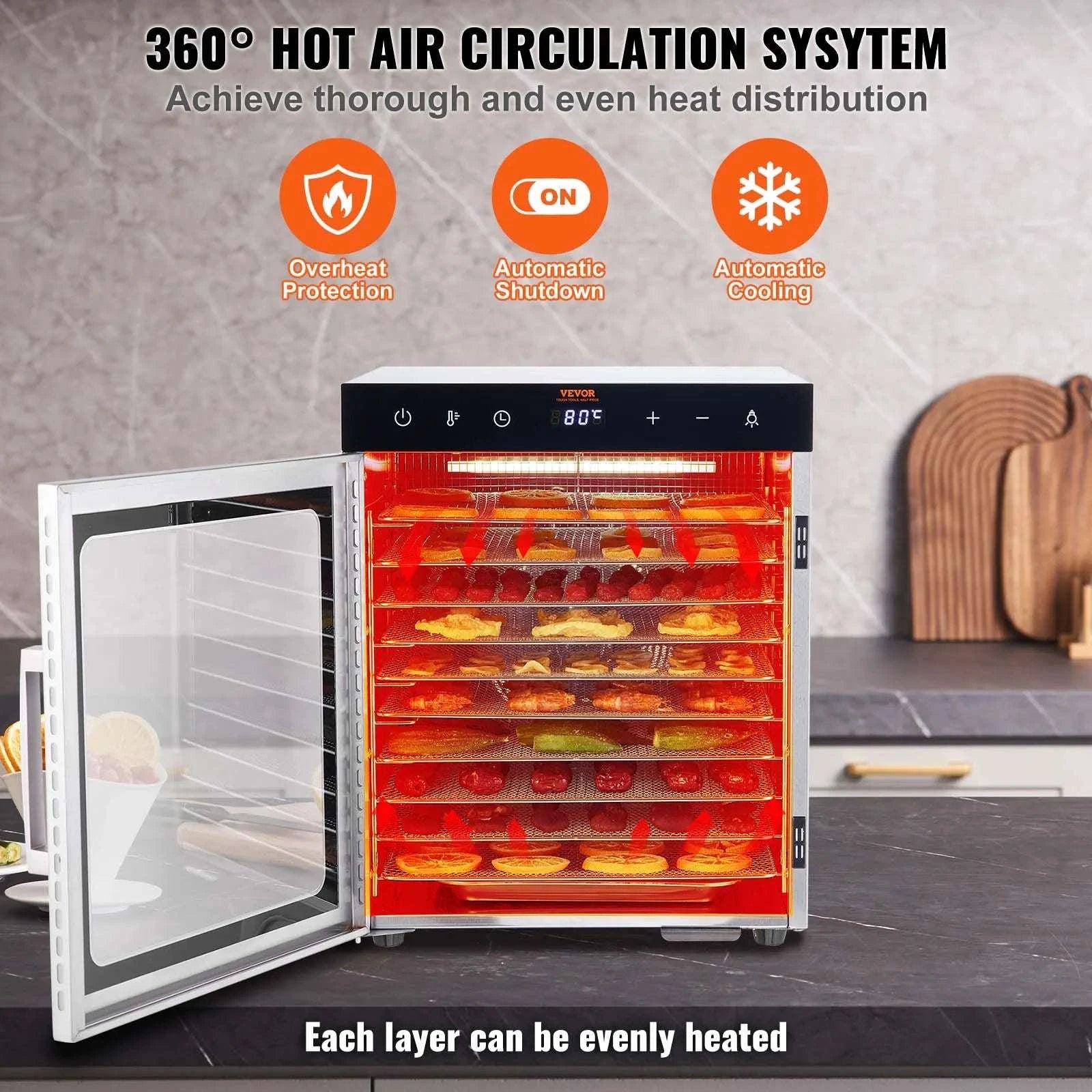 10-Tray Food Dehydrator Stainless Steel with Timer & Temperature Control-10 Trays 1000W / france