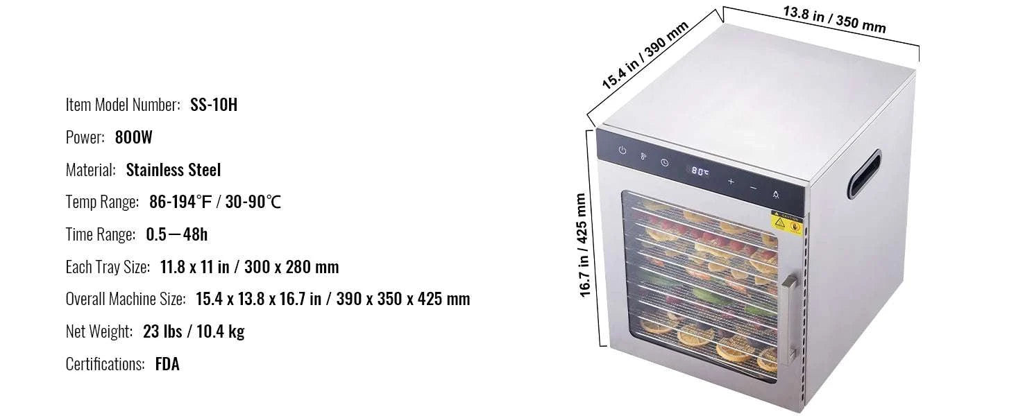 10-Tray Food Dehydrator Stainless Steel with Timer & Temperature Control-10 Trays 1000W / france