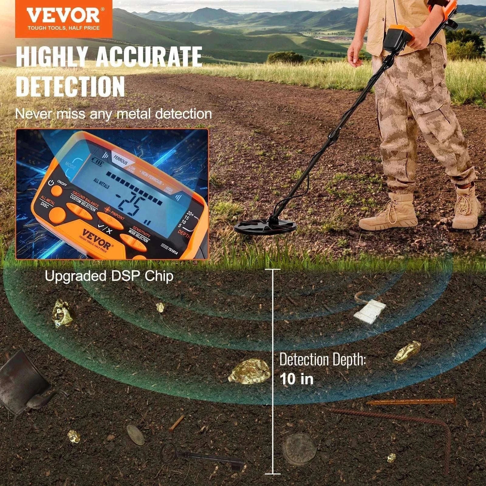 10" Waterproof Metal Detector with LCD, 7 Modes & Adjustable Stem-10 Inch Search Coil / United States