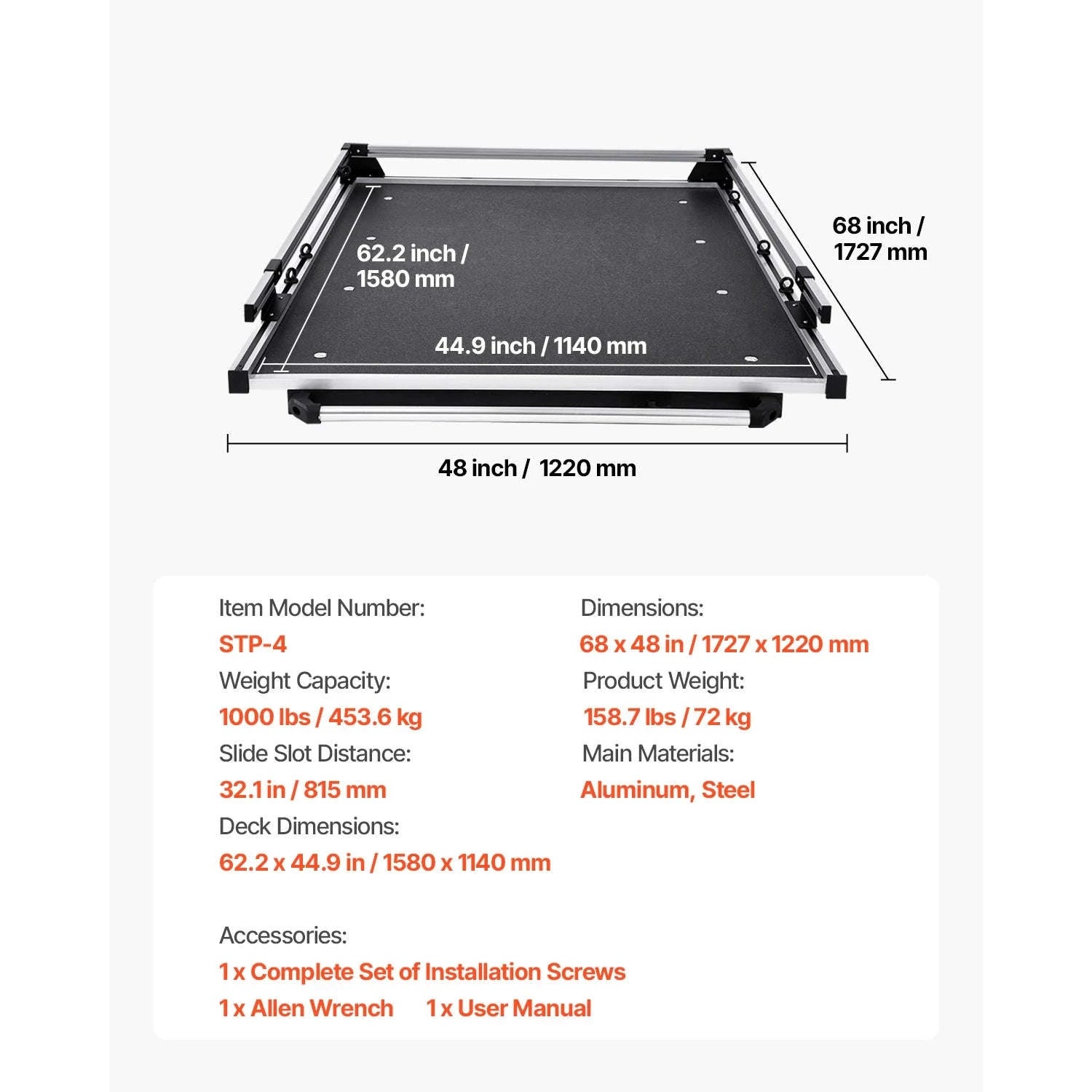 1000 lb Sliding Truck Bed Organizer with 6 Movable Rings and 2-Position Slide-Out Tray-78 x 48 in / United States